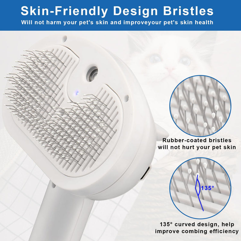 Pet Steam Hair Comb Brush for Shedding, 4 In 1 Spray Brush for Long & Short Haired Cat&Dog, Self-Cleaning Hair Remover with Water Tank And LED Blue Light, Release Button (White) White - BeesActive Australia