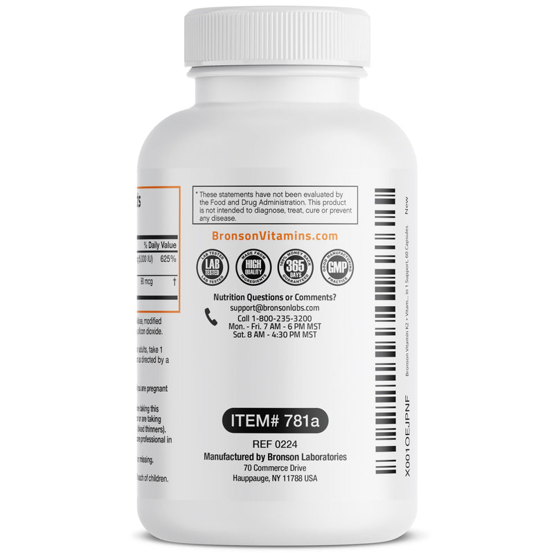 Bronson Vitamin K2 D3 (MK7) Supplement 2-in1 D3 & K2 Complex, 60 Capsules | Bone, Immune & Heart Health Support, Gluten Free, Soy Free, Non-GMO, Vitamin D3 5000IU (125 mcg) & 90 mcg K2 MK-7 60 Count (Pack of 1)