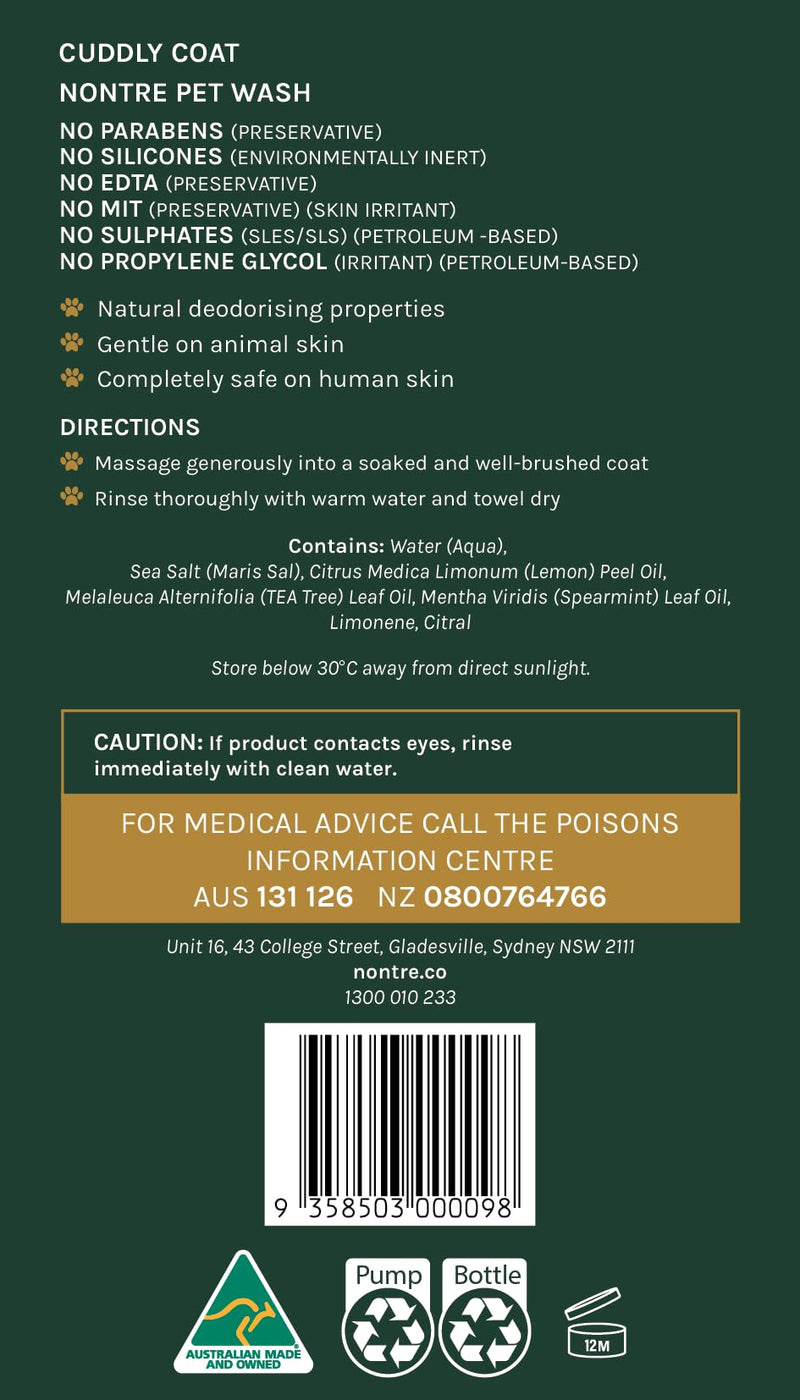 Nontre, Pet Wash, Lemongrass & Tea Tree, Protective & Deodorising Pet Wash, 500mL (16.9 FL Oz) - BeesActive Australia