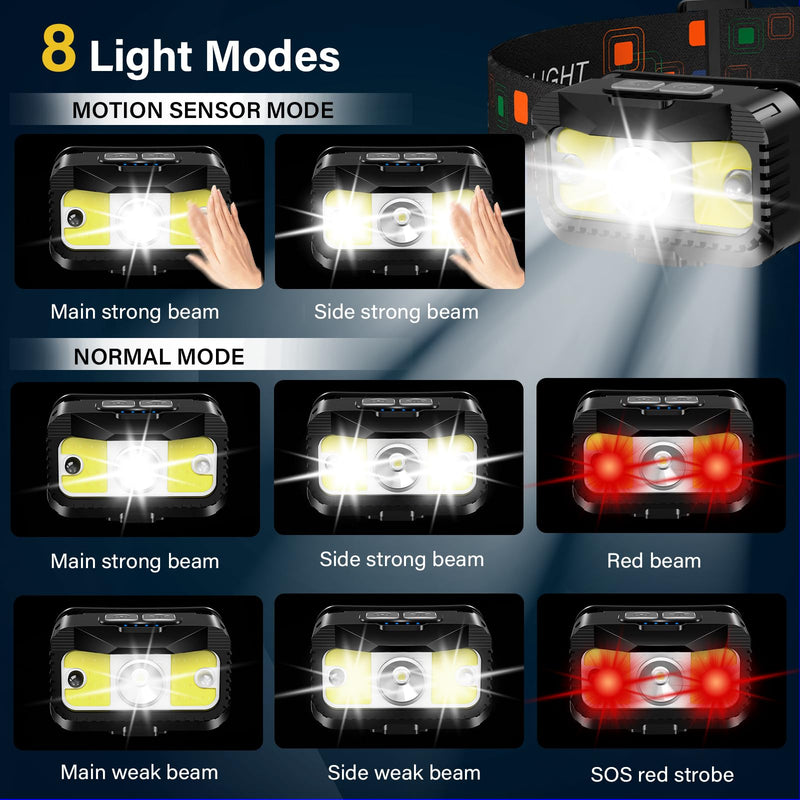 Headlamp Rechargeable, Ultra Bright LED Head Lamp Flashlight with White Red Light, Motion Sensor Waterproof Headlight,8 Modes Head Lights for Outdoor Camping Fishing Running-4 Pack 4 Packs