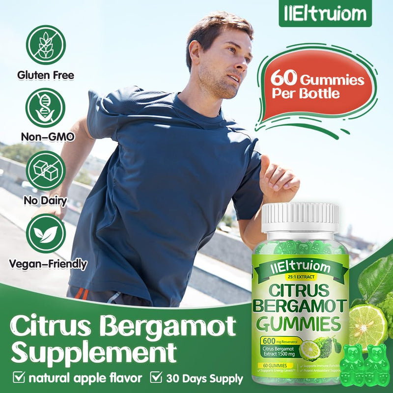 Citrus Bergamot Gummies 1500mg with Resveratrol & Niacin, Vegan Formula | Made with Clean Ingredients in a Free from Artificial Colors and Flavors, 60 Gummies 1