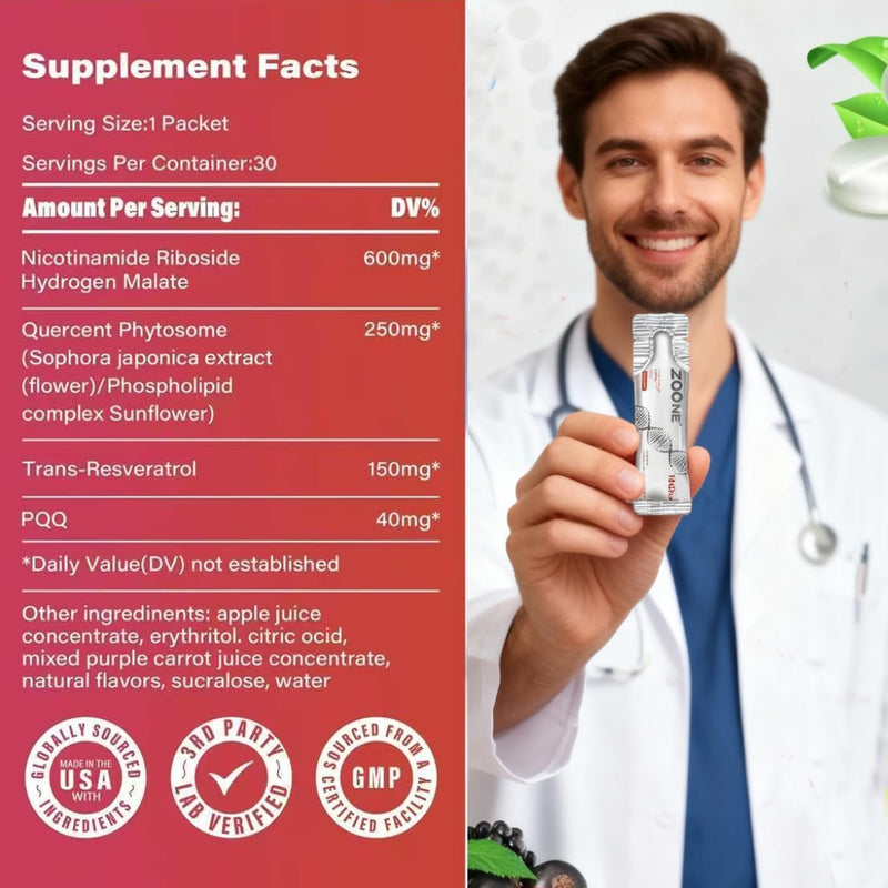 NAD Supplement 1000mg Liquid with NR, Resveratrol & PQQ, 30 Packets | NAD Plus Liquid Supplement with NR, Resveratrol & PQQ; NAD+ Supports Cellular Energy & Healthy Aging for Men & Women 0.35 Fl Oz (Pack of 30)