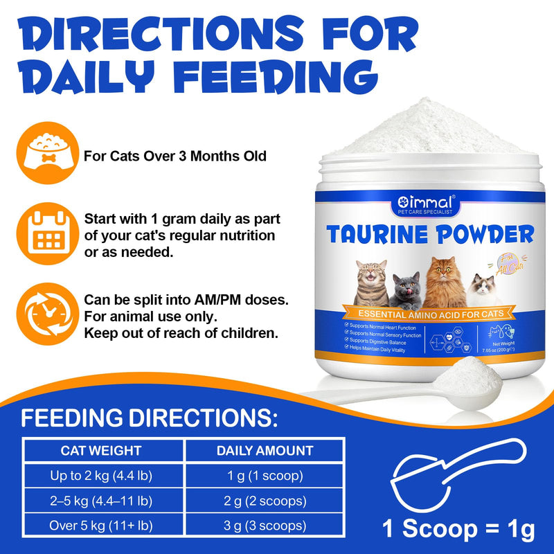 Taurine for Cats – Pure Taurine Powder Supplement for Kittens & Adult Cats, Supports Overall Vitality & Healthy Coat, Easy to Mix in Food with Dosing Spoon – 200g