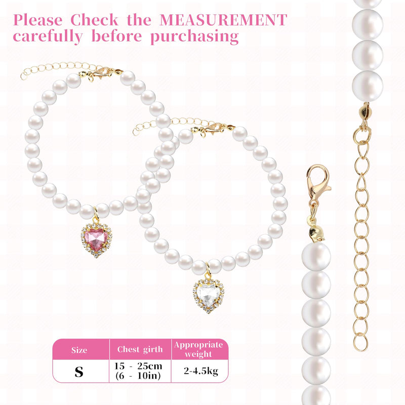2 Pcs Cat Dog Pearl Necklace Small Heart Shape Rhinestone Pet Collar Adjustable Dog Collar Wedding Party Pet Jewelry Accessories for Cats Puppy Small Dogs (Pink, White) - BeesActive Australia
