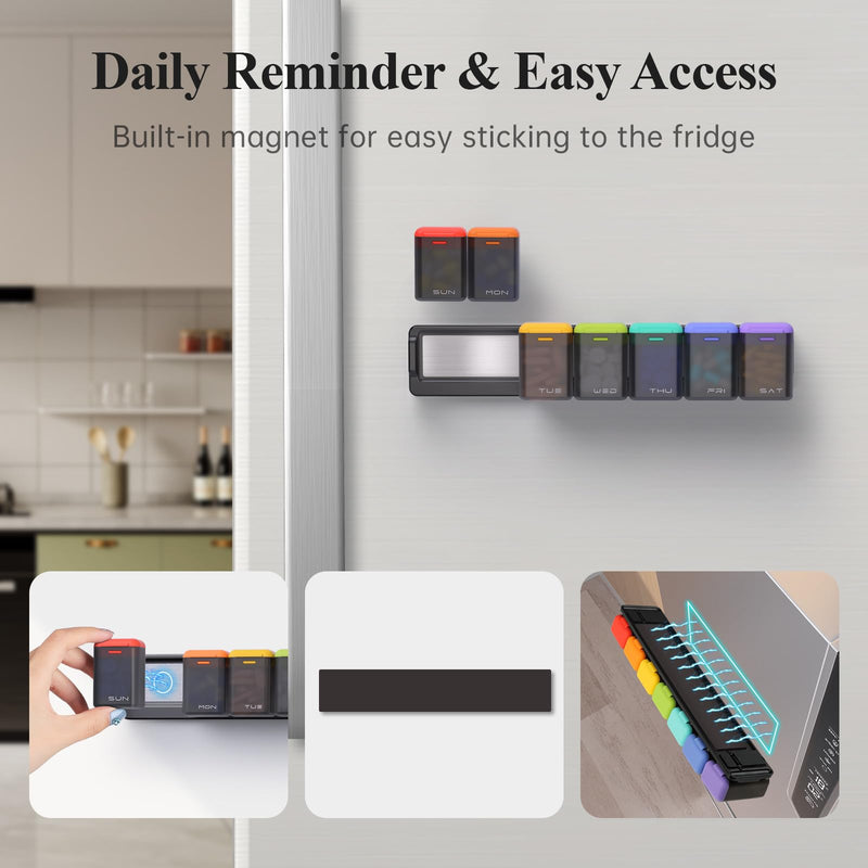 Weekly Pill Organizer Magnetic, Removable Pill Box 7 Day 1 Time a Day, Large Travel Pill Case, Week Once Daily Medication Dispenser, Medicine Container Holder for Supplement, Vitamin, Black