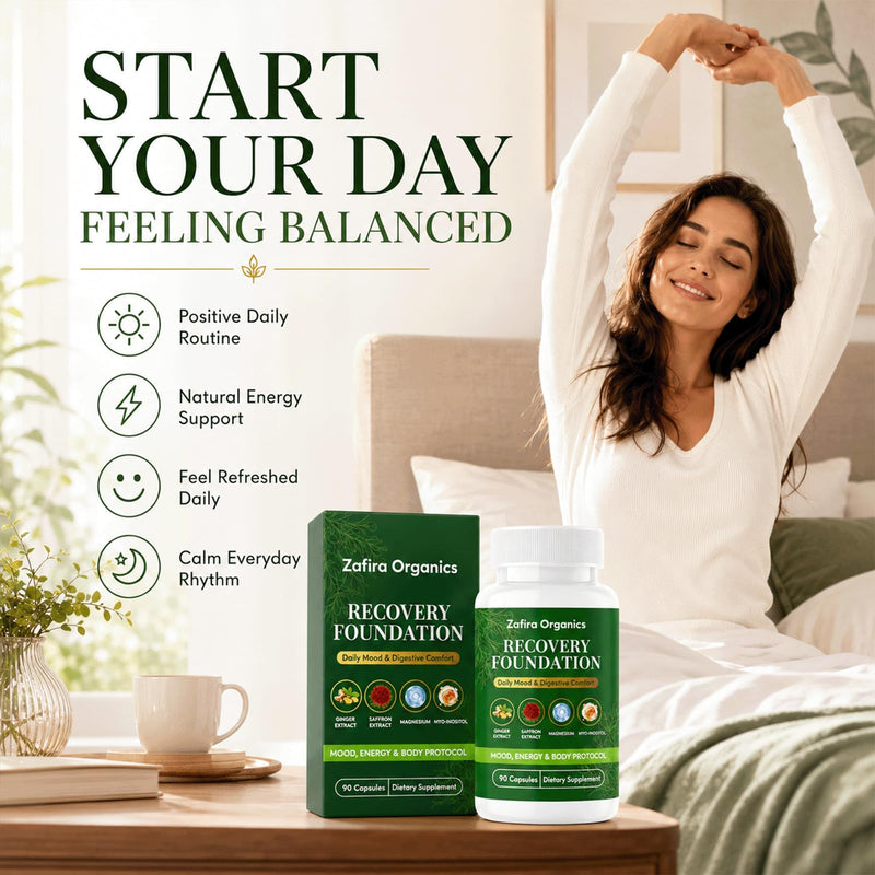 Zafira Organics,Zafira Recovery Foundation,90 Capsules (1pcs) | with Saffron Extract,Ginger Extract L-Theanine Myo-Inositol,Daily Energy & Focus,Digestive Comfort 1pcs