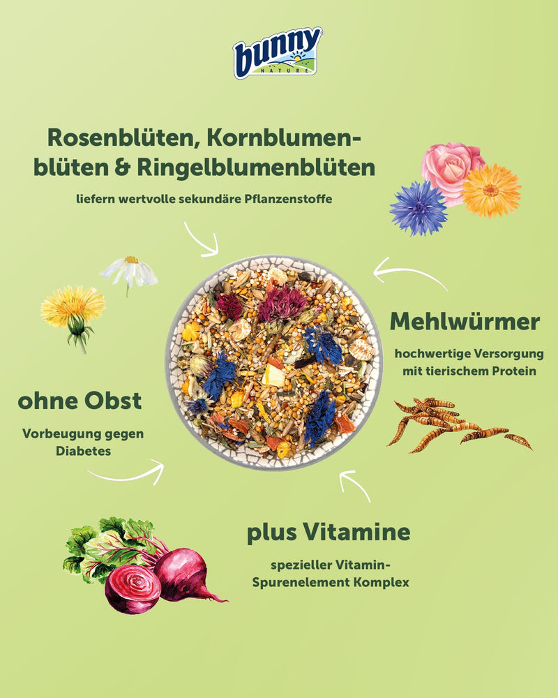 bunnyNature Dwarf Hamster Dream Expert Flower - complete food for dwarf hamsters - food mix with vitamins, flowers, superfood & mealworms - 500g - BeesActive Australia