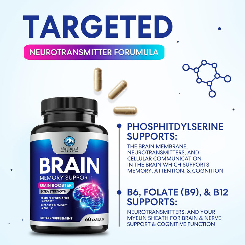 Brain Memory Supplement Pills - 3X Strength Nootropics for Concentration, Clarity & Focus Support - Brain Health Cognitive Vitamins B6 B12 with Folate & Phosphatidylserine, Brain Booster, 60 Capsules 60 Count (Pack of 1)
