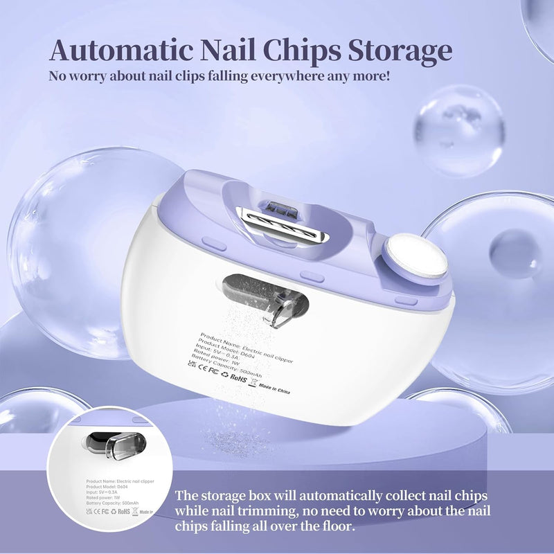 Electric 2-in-1 Nail Clipper & Polisher, 2-Speed Safe Fingernail Trimmer for All Ages, Rechargeable Automatic Nail Clipper with Light, Manicure Set for Baby Kids Seniors & Weak Hands Purple - BeesActive Australia