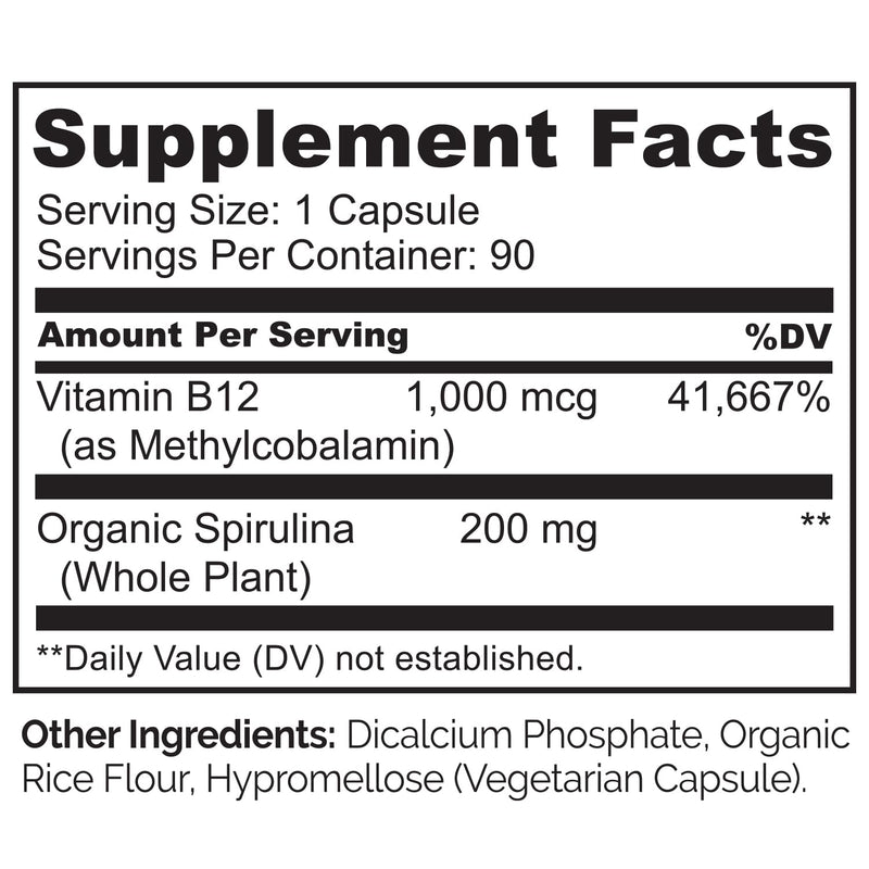 NATURELO Vegan B12 - Methylcobalamin, 90 Capsules | Organic Spirulina, Methyl B12 1000 mcg, Supports Healthy Mood, Energy, Heart & Eye Health, Vitamin B12 1000 mcg Unflavored 90 Count (Pack of 1)