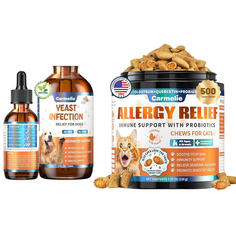 Carmelie Dog Yeast Relief Liquid + Cat Allergy Chews Bundle, 60ML + 500 Chews – Plant-Based Yeast, Colostrum & Probiotics for Dogs & Cats – Itch Relief & Allergy Support