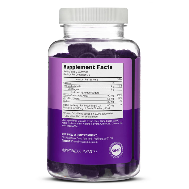 LIVELY VITAMIN CO. Elderberry Burst Gummies for Kids & Adults - Boosts Immune Health - Helps Avoid Colds & Illness - Black Elderberry, Vitamin C & Zinc - 3 Grams of Sugar - No Gelatin - 60 Gummies 60 Count (Pack of 1)