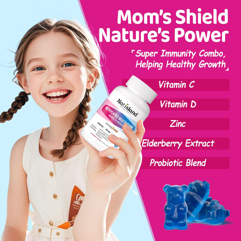 Kids Methylated Multivitamin - MTHFR Multivitamin for Kids & Teens 4+, L Methylfolate & B12, 13 Vitamins, Vegan Omega-3, Zinc, Probiotics & Elderberry, Immune Support, Brain Health, Sugar-Free 1 Pack