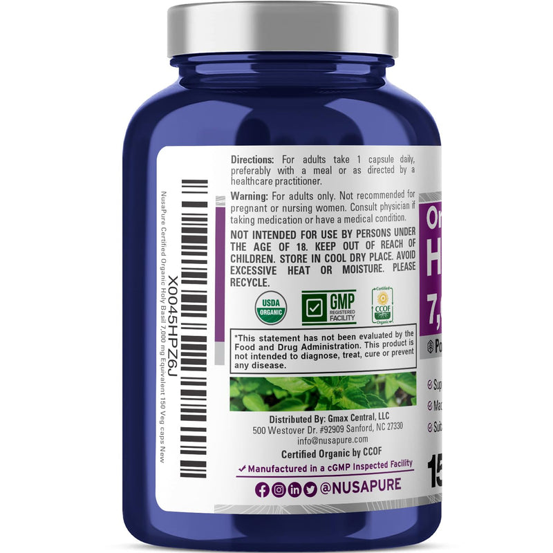 NusaPure USDA Organic Holy Basil Capsules 20:1 Extract, 350 mg Equivalent to 7,000mg | 150 Vegan Caps | Tulsi Holy Basil Leaf Extract | 2.5% Ursolic Acid | Non-GMO 150 Count (Pack of 1)