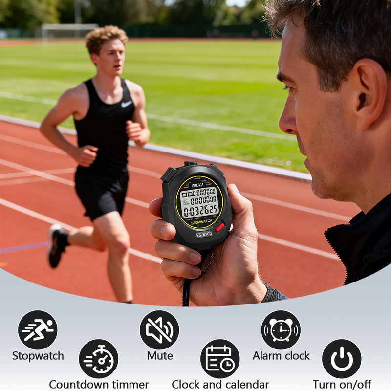 Sports Stopwatch Timer 100 Lap Split Memory Digital Stop Watch, Countdown Timer Pace Mode 12/24 Hour Clock Calendar with Alarm, 3 Rows Display Large Screen Water Resistant Battery Included