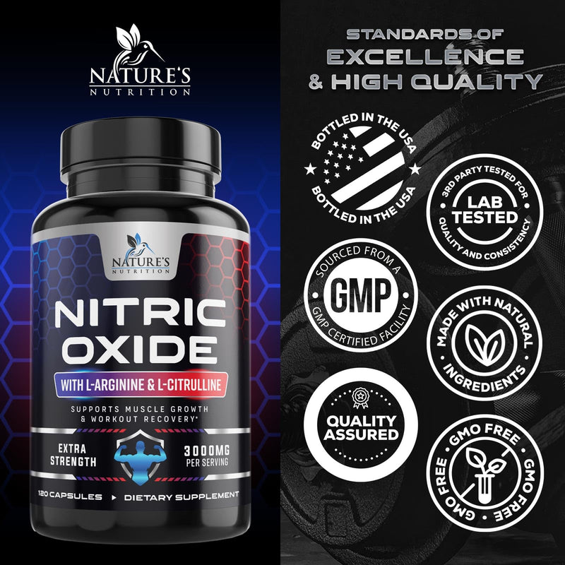 Nitric Oxide Booster Extra Strength - 3X Strength L-Arginine & Citrulline Supplement - Best Nitric Oxide Supplements for Men - Supports Muscle, Heart Health, Energy - Bottled in USA - 120 Capsules 120 Count (Pack of 1)