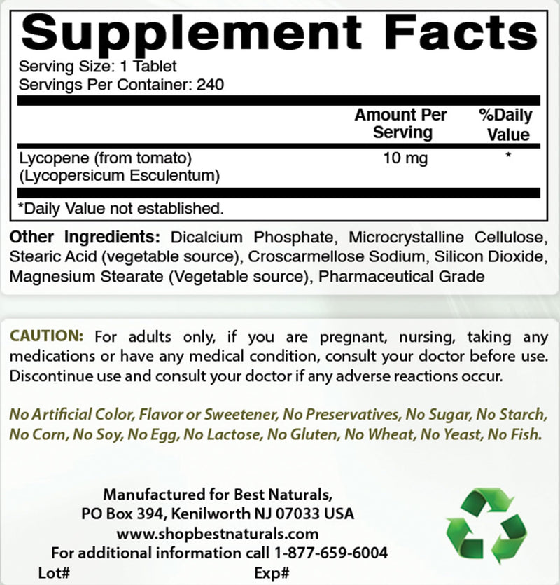 Best Naturals Lycopene Tomato Extract 10 mg 240 Tablets - BeesActive Australia