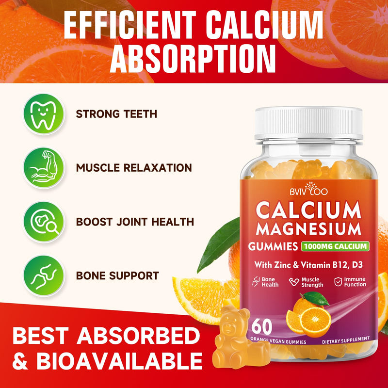 Calcium Gummies 1000mg with Vitamin D3 K2 & B Complex, Potassium, Calcium Magnesium Zinc Gummies for Bone, Muscle, Mood and Immunity - Orange Flavor 60 Gummies 1 Pack