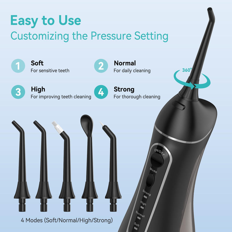 Water Dental Flossers for Teeth, 300ML Cordless Portable Electric Water Flosser, 4 Modes Oral Irrigator, Waterproof Rechargeable Water Floss for Deep Cleaning, Plaque Remover,Braces Home Travel Use Black