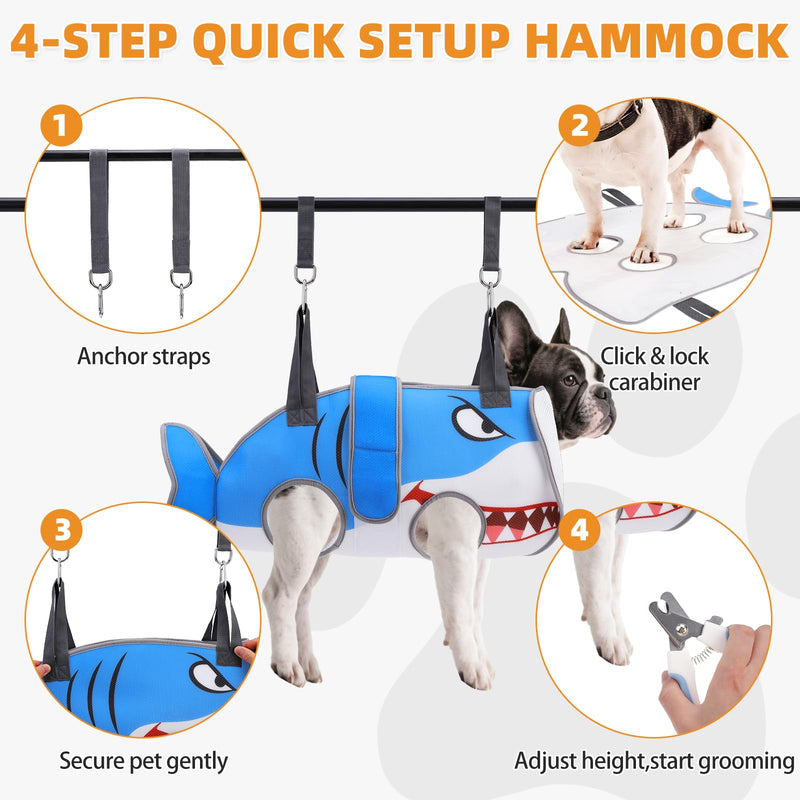 Dog Grooming Hammock for Small Dogs Cats, Cute Shark Design Dog Hanging Harness for Nail Trimming/Clipping, Pet Sling with Grooming Kit and Thick Neck Support & Strap Restraint Claw Care, S Blue Shark