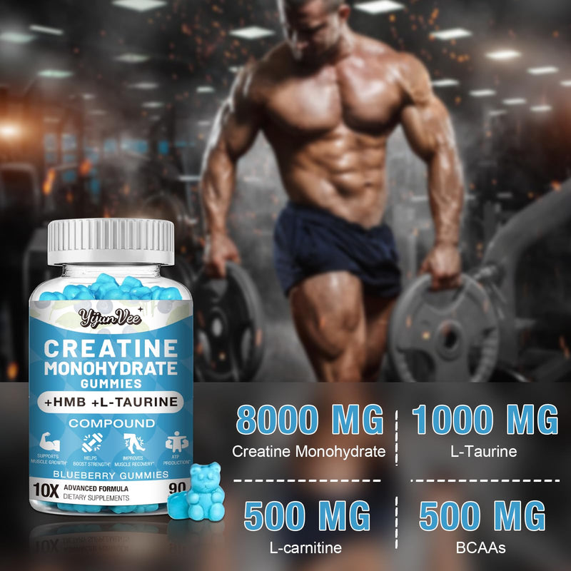 8000MG Creatine HMB Monohydrate Gummies for Men & Women - L-Carnitine,L-Taurine & Vitamin B6 12,10X Absorption,8 Gram of Creatine Monohydrate per Serving, Blueberry Flavor Gummy,180 Counts