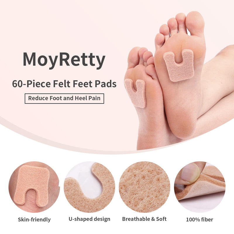 MoyRetty 60pcs U-Shaped Felt Callus Pads, Metatarsal Pads Self-Stick Cushions Protect Calluses from Rubbing on Shoes, Reduce Foot and Heel Pain