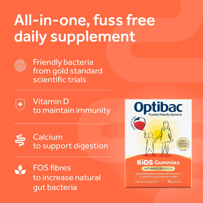 Optibac Kids Probiotics Gummies | 30 Strawberry-Flavored Probiotic Gummies for Kids with Vitamin D & Calcium | 2 Billion Live Cultures | Vegan Children’s Supplement for Digestive & Immune Health