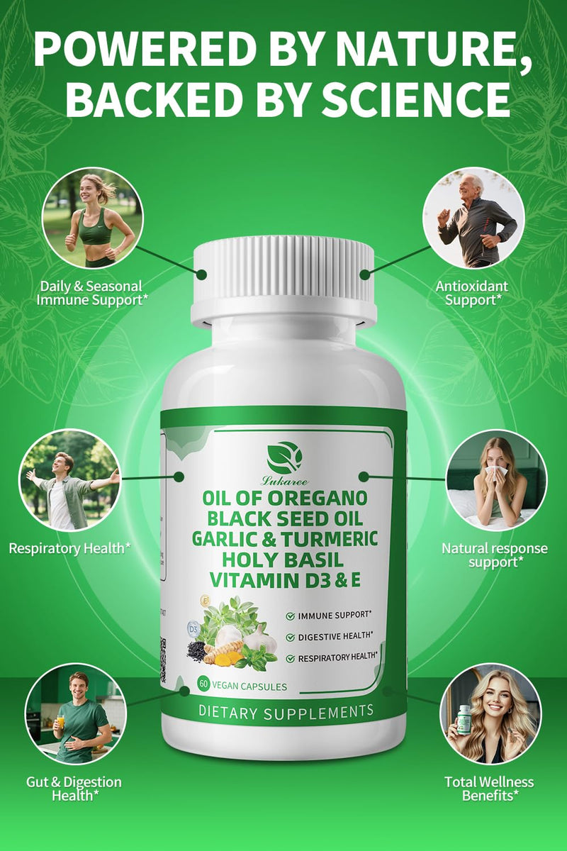 Organic Oil of Oregano Capsules with Black Seed Oil, Garlic, Turmeric, Holy Basil, Vitamin D3, E & Black Pepper for Better Absorption ‚Äì Immune, Digestive & Respiratory ‚Äì Vegan, Non-GMO, 4 Month Supply 60 Count (Pack of 2)