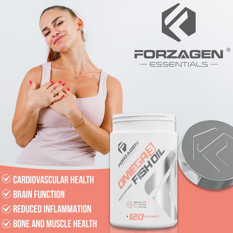 Forzagen Essentials Omega 3 Fish Oil Supplement, 120 Softgels, EPA 360mg DHA 240mg, Vitamin E, Daily Dietary Support