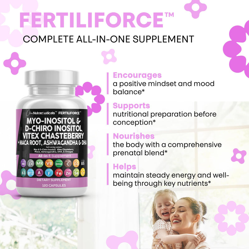 Clean Nutraceuticals Myo-Inositol & D-Chiro Inositol 2050mg Fertility Supplement 40:1 Ratio - Prenatal Vitamins for Women with Ashwagandha Maca Root Vitex Chasteberry Iron DHA Folic Acid DIM Zinc (1) - BeesActive Australia