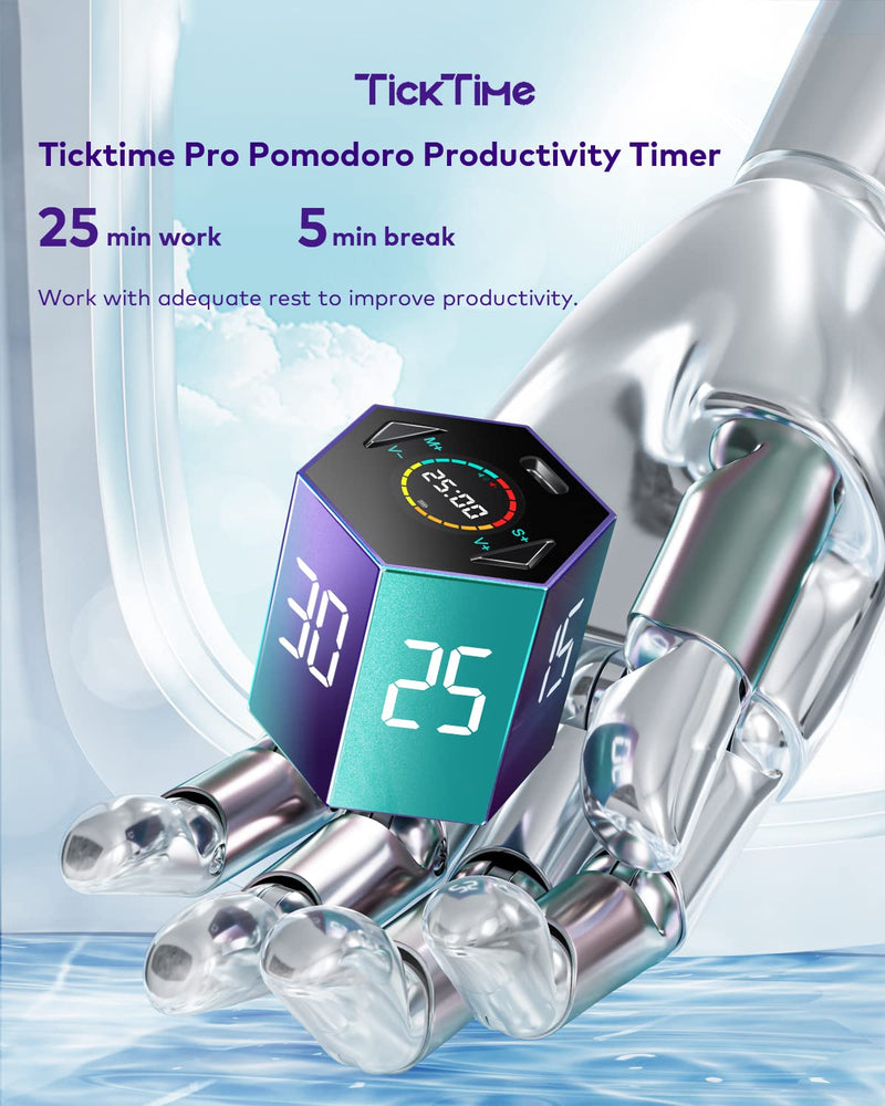 Ticktime Pomodoro Timer, Productivity Timer Cube, 5/15/25/30/45/60 Min Presets, Custom Countdown & Stopwatch 1s–99m59s, Sound/Vibration/Silent, Magnetic, Rechargeable, for ADHD Study Work,Violet Violet - BeesActive Australia