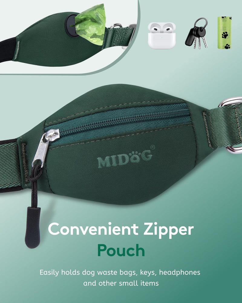 MIDOG Multifunctional Dog Leash Hands Free for Large Dogs - Adjustable Waist Leash with Zipper Pounch& Bungee Cord for Jogging/Running/Walking(4-7FT,Green) 4Ft-7Ft Green - BeesActive Australia
