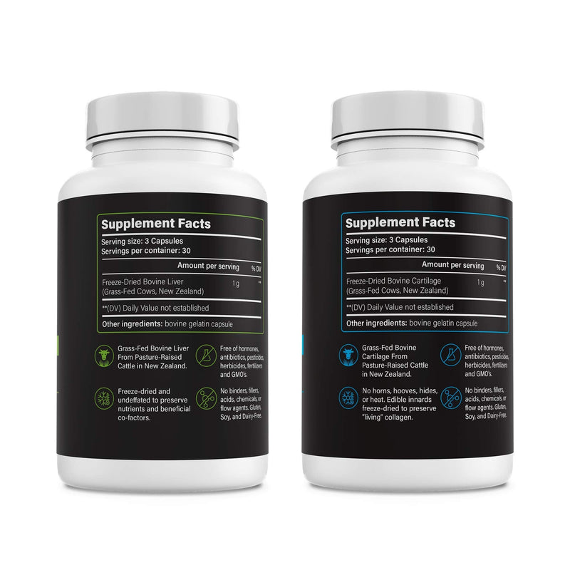 Beef Liver & Beef Cartilage Supplement Bundle, Grass Fed Freeze-Dried Organ Capsules with Heme Iron, Vitamin A, B12, Type II Collagen, Glucosamine, Chondroitin & Joint Support, 2 x 90 Count