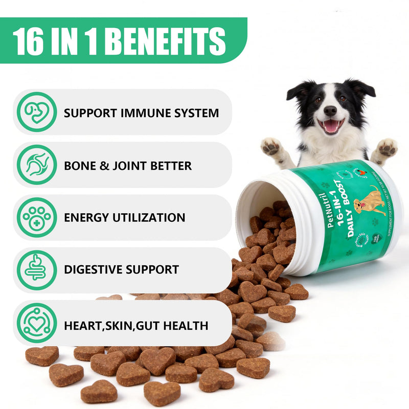 Dog Vitamins and Supplements, 16 in 1 Multivitamins Essential Dog Vitamin Minerals Chewable with Omega-3 Fish Oil Glucosamine Probiotics for Pet Hip Joint Skin Coat Digestion Health, 120 Chews