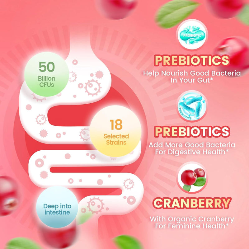 VivoNu Probiotics for Women, Women Probiotic Gummies, 500 Million CFUs | Fiber | Feminine Balance Gummies for Healthy Odour,Digestive Support and Gut Health+Vitamin C for Immune Support - 60 Gummies 60pcs/1bag-cranberry