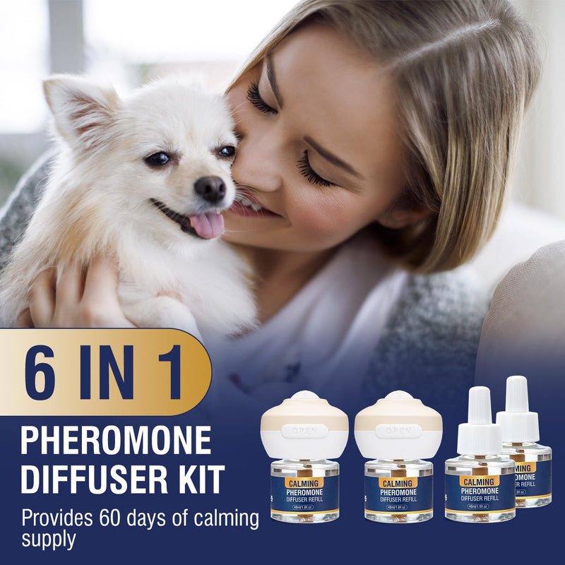 Piuess Dog Calming Plug In Pheromone Diffuser 6 IN 1 Kit to Calm Dogs Effectively Relieves Anxiety Barking Chewing and Separation Anxiety of 120 Days Continuous Calming Pee Accidents Aggression 6 IN1