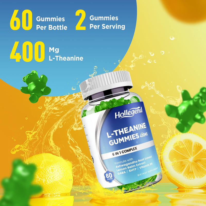 L-Theanine Gummies, l'theanine 400mg Supplement for Adults & Kids | With Ashwagandha, GABA, 5HTP, Lemon Balm, Vitamin B6, Relax, Zzz & Focus Support, Vegan, Lemon Flavor, 120 Chewables 1 Count (Pack of 120)