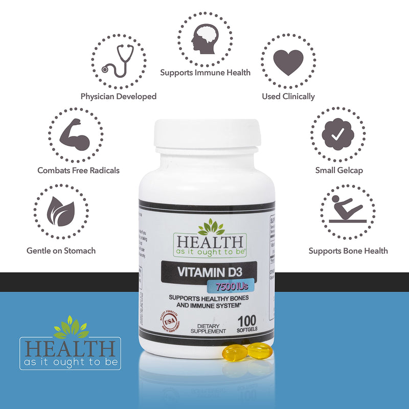 Health As It Ought To Be Vitamin D3 188mcg Bone & Immune | 100 Softgels | High-potency formula supports immune wellness, bone strength, normal calcium absorption, muscle function and healthy aging Vitamin D-3 7500 Ius - 100 Softgels