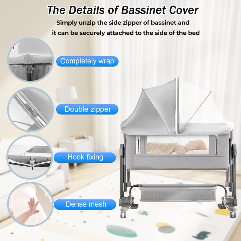 Bassinet Cover for Baby, Blockout Mosquito Net Cover with 2-Way Zipper, Portable Bassinet Canopy Cover for Cats to Keep Pet Out, Bug Net Cover for Bedside Sleeper Gray