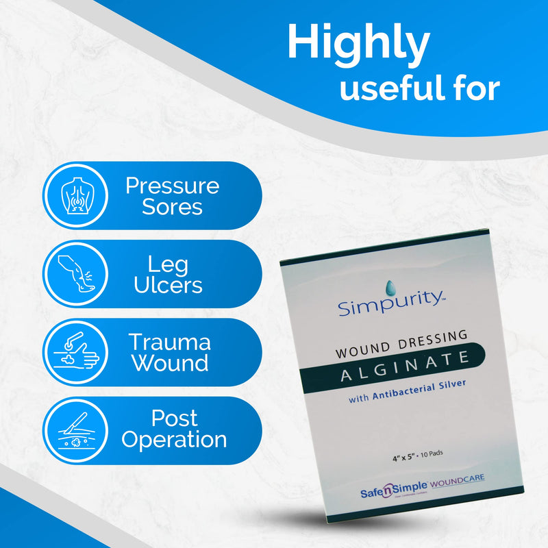 Silver Calcium Alginate Wound Dressing - Simpurity - 4"x 4" Individual Thick Pads - Dressing for Wound Care - Non-Stick Sterile Calcium Alginate Pads with Silver - Safe n' Simple Wound Care Products 4" x 4" - 10 Pads