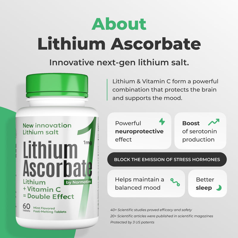 Lithium Ascorbate 1mg with Vitamin C – Brain Supplement for Focus, Memory, Mood & Stress Support – Cognitive Enhancer – 120 Tablets
