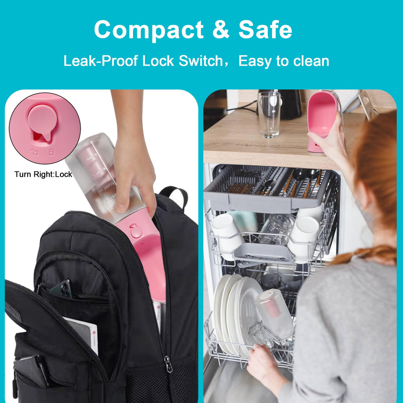 Dog Water Bottle with Filter, Portable Travel Dog Water Dispenser with Food Container & Dog Poop Bags Rolls, Leak Proof, Machine-Wash, Food Grade Plastic - Cycling & Long Flight (Pink, 20 oz) Pink - BeesActive Australia