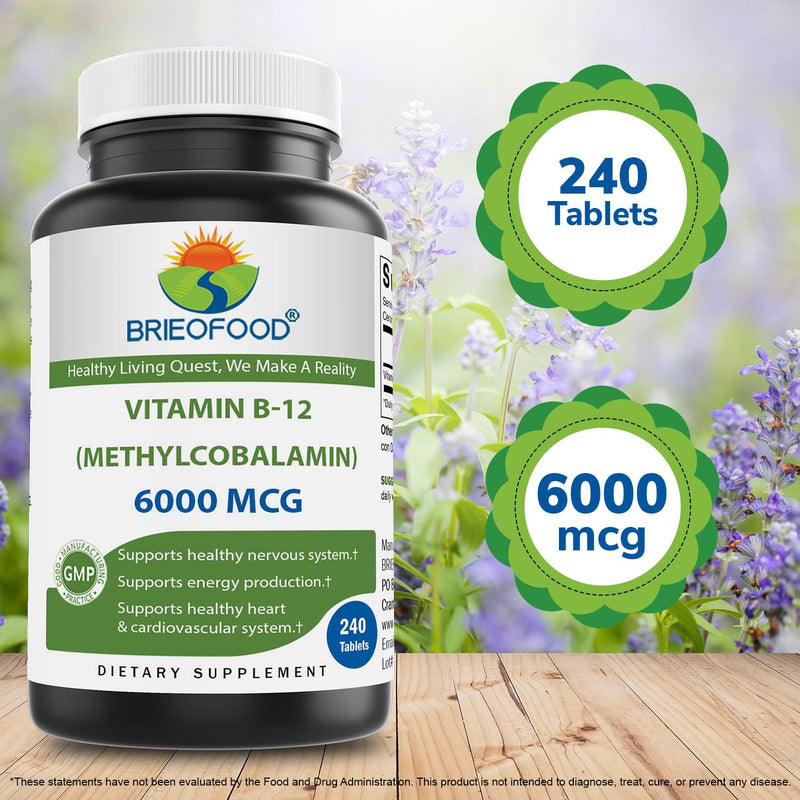 Brieofood Vitamin B-12 (Methycoballamin) 6000 mcg- 240 Tablets. Non-GMO, and Gluten Free (Pack of 2) 240 Count (Pack of 2)