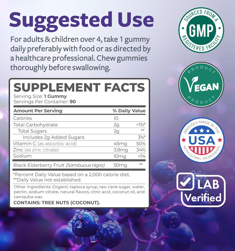 Sambucus Elderberry Gummies for Kids - Kids Immune Support Gummies with Black Elderberry Vitamin C and Zinc for Daily and Seasonal Wellness - Vegan Non-GMO & Lab Verified (3 Months Supply) Kids 90 Count