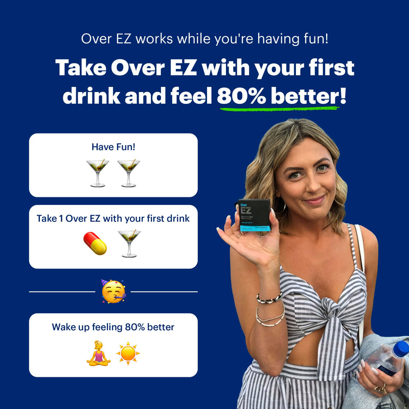 OVER EZ Pre-Drink Supplement - [$1.30 x Serving] Party Recovery & Prevention Pills for a Night Out & Better Mornings, Milk Thistle, Amino Acids, Vitamin Bs (30 Servings) 30 Servings
