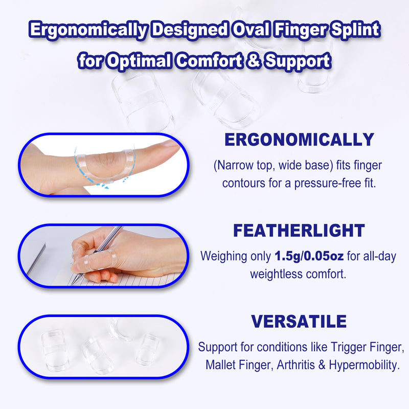 10Pcs Clear Oval Finger Splints & Sleeves Kit, 6 Graduated Trigger Finger Splint & 4 Finger Sleeves for Trigger/Mallet/Arthritis/Straightening, Finger Brace Support for Thumb/Middle/Ring/Index/Pinky(Size 4,5,6,7,8,9) Size 4,5,6,7,8,9