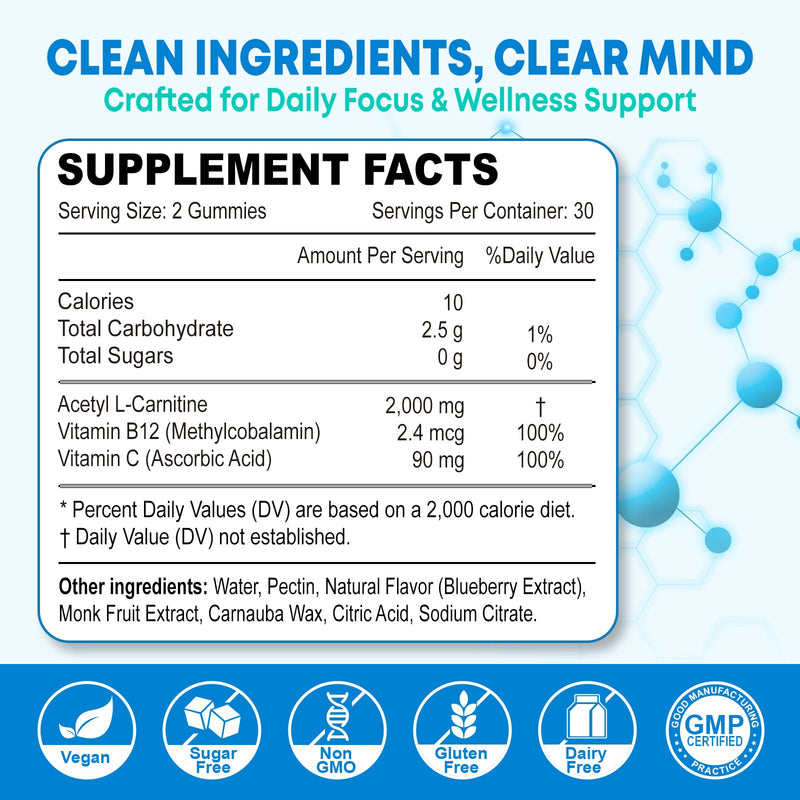2 Pack Sugar Free Acetyl L-Carnitine Gummies, L-Carnitine Supplement for Women & Men, with Vitamin C & B12, ALCAR for Energy, Brain & Heart Health Support, Vegan, Non-GMO, 120 Count 60 Count (Pack of 2)