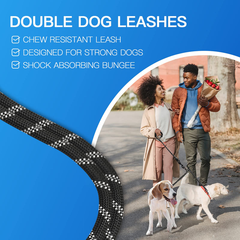 Double Dog Leash, Dual Dog Leash, 360 Swivel Tangle Free Bungee Walking Training Leash for Large Medium Dogs, Shock Absorbing Bungee Reflective Leash for Two Dogs, 18~120 lbs, Black - BeesActive Australia