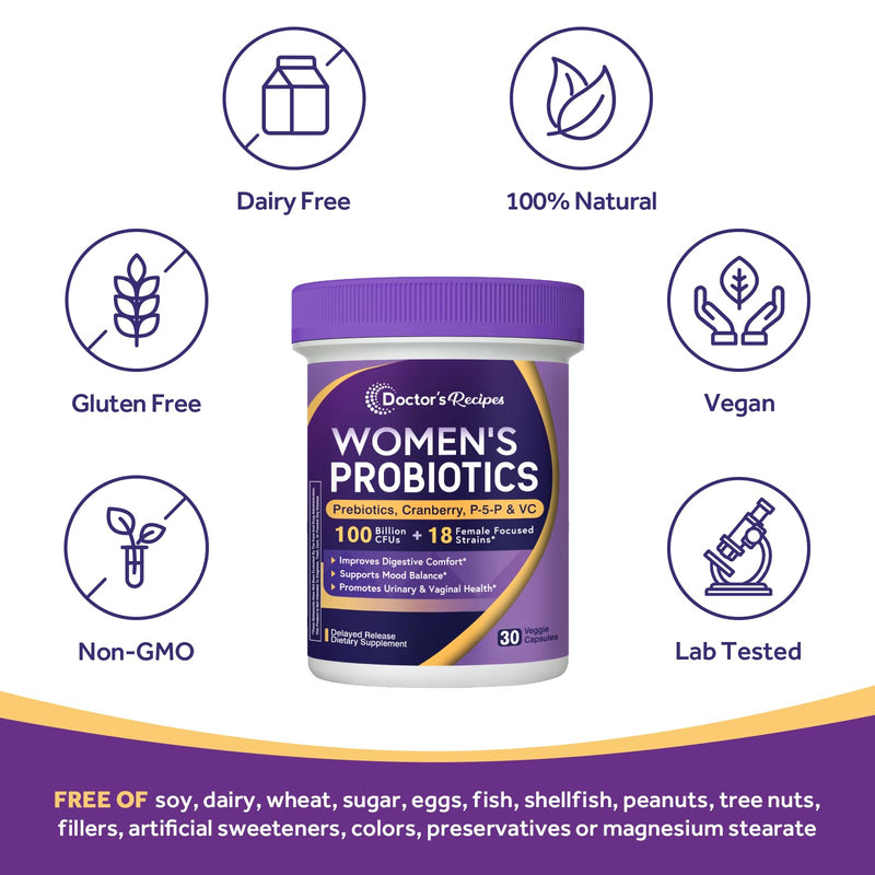 Doctor's Recipes Probiotics for Women, 100 Billion CFU, 18 Probiotic Strains, Prebiotics, Cranberry, P-5-P & VC, Vaginal, Digestive & Immune Support, Shelf-Stable, 30 Vegan Caps