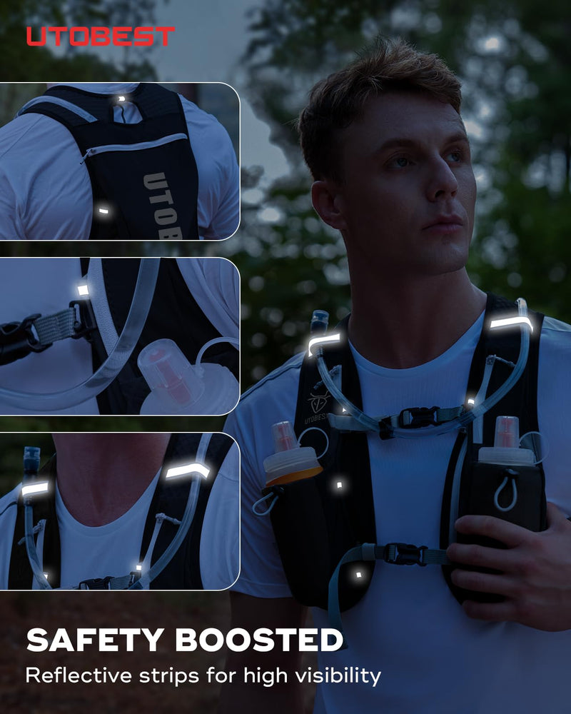 Running Vest, 5L Hydration Vest Lightweight, Breathable and Sweatproof Running Backpack, Adjustable Running Hydration Vest for Trail Running Marathon Race Jogging Cycling Black Vest 5L with 2 x Soft Flask